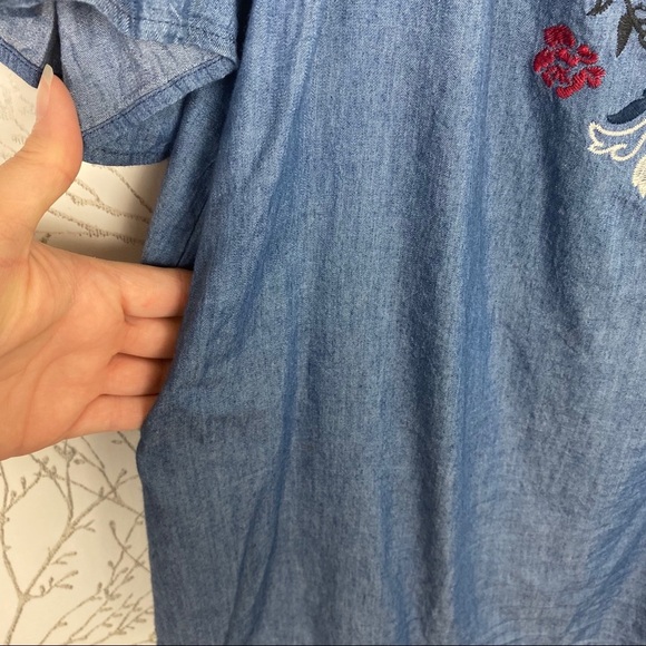 BLUE RAIN Blue Embroidered BOHO Off-Shoulder Mini Dress w/ Pockets Medium - Picture 6 of 10